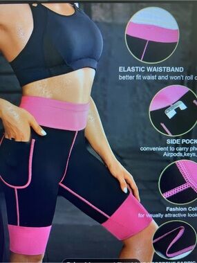 Amazon Pockets Black & Pink High-Rise Athletic Biker Capri Yoga Jogging Shorts
